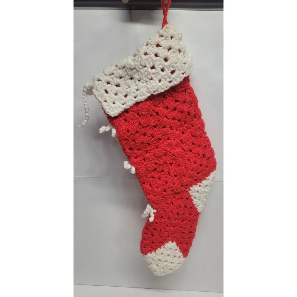 Vintage Handmade Crochet Christmas Stocking Red‎ White Bows Holiday Decor 14.5in